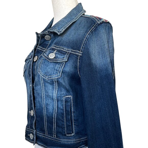 Maurices Aztec Embroidered Dark Sandblast Cotton Denim Jean Jacket - M - Blue - Picture 5 of 11